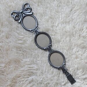 Vintage Silver Metal Bow and Tassel 3 Oval Tiered Picture Frames